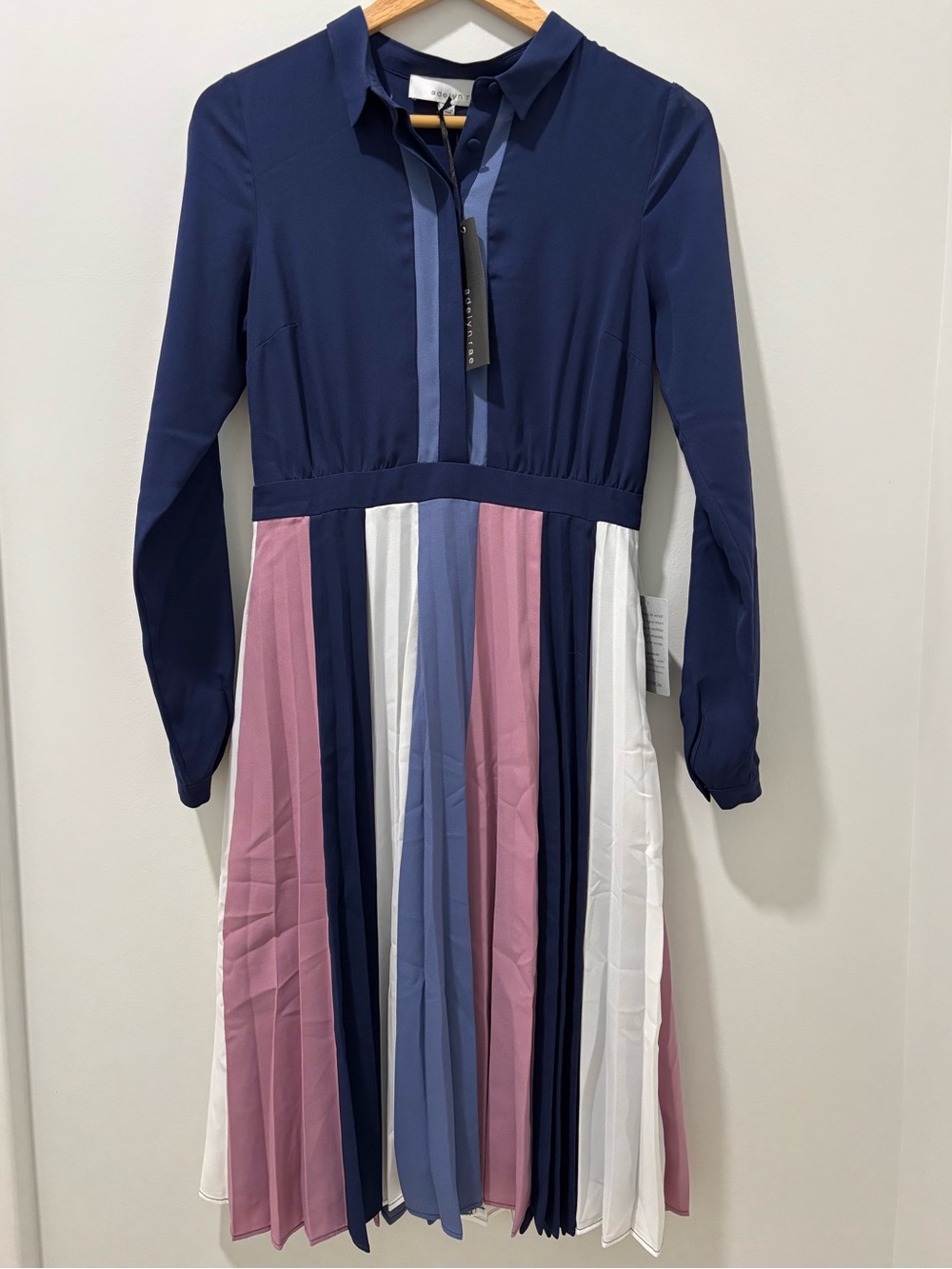 Maxi Dress Adelyn RaeNavy Multi-Color Long Sleeve Pleated, Size XS, Cottagecore